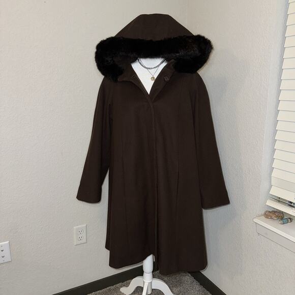 VTG Donnybrook Women's Brown Wool Rabbit Fur Trim Hooded Maxi Over Coat Size 12 - Picture 1 of 11